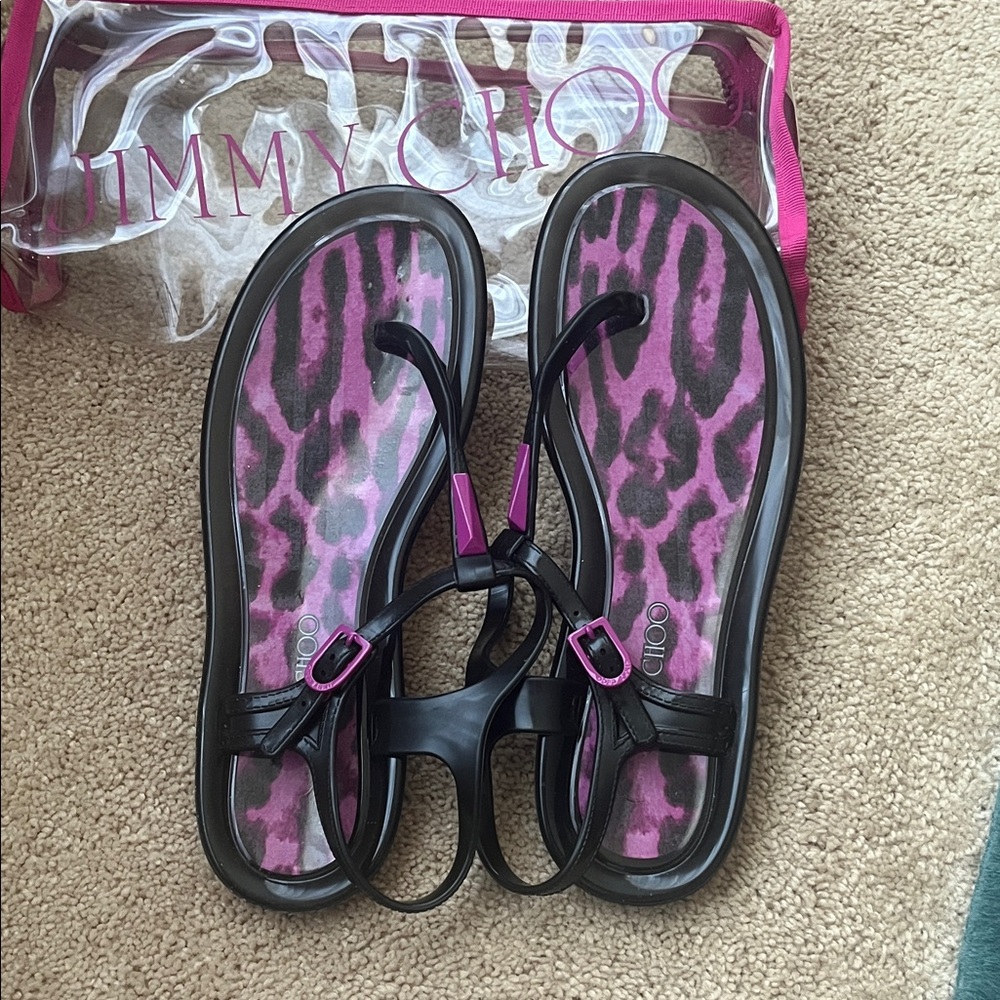 Jimmy Choo Black Jelly Sandals with Pink Leopard Insole